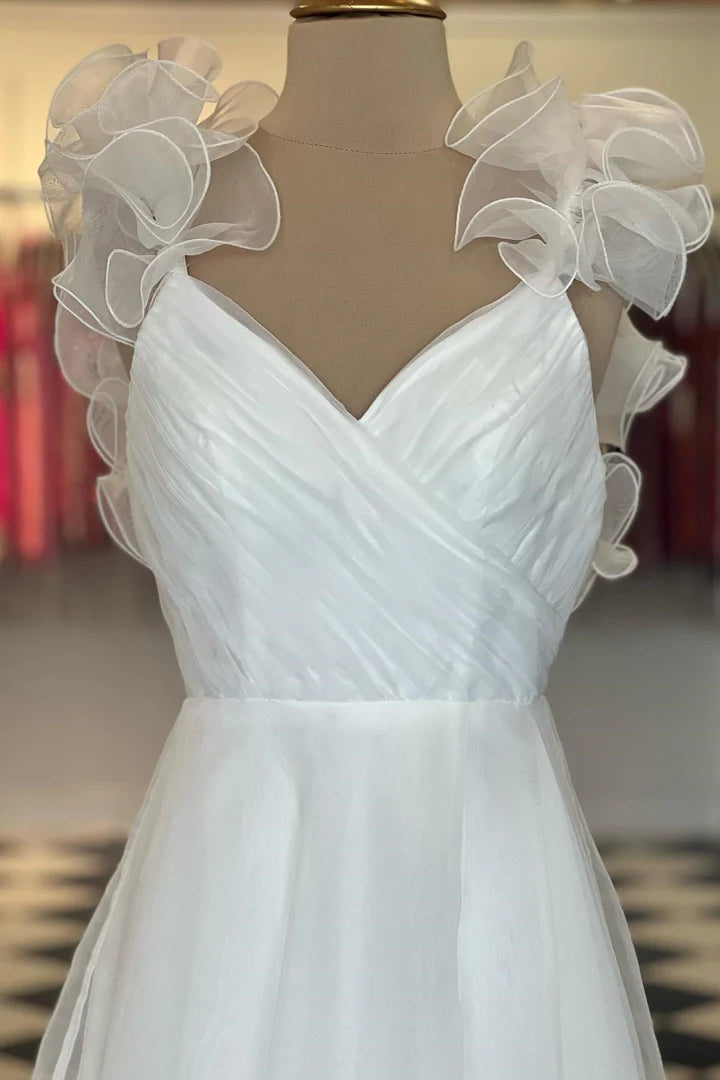 Vestido de fiesta con mangas cortas, espalda descubierta, corte A, cruzado y volantes